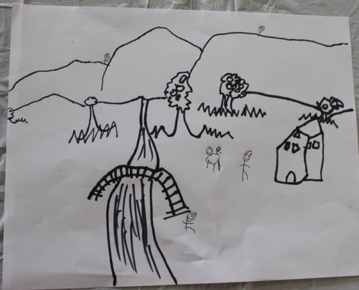 Grandma Moses inspired drawing by a 5 year old - CC Cycle 3 Week 13 Fine Arts