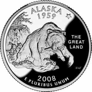 Alaska's state quarter features a grizzly bear, salmon, and the North Star.