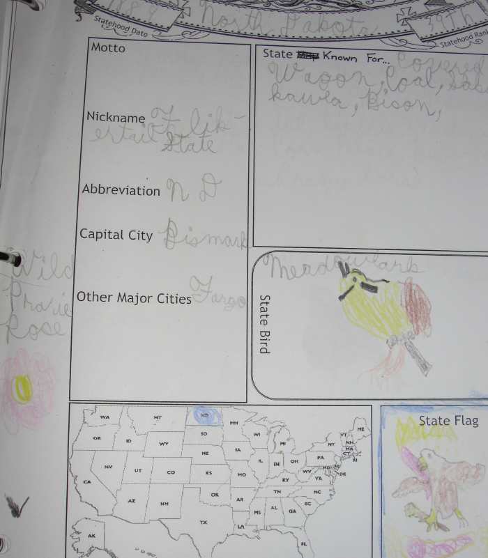 A page from my son's state notebook on North Dakota