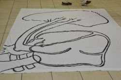 Bed sheet with the circulatory system drawn on it so children can walk through the system and name the parts.  (A chalk drawing on a driveway would also work.)