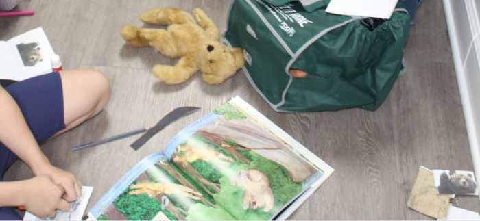 Bag of snacks, canoe oars, & "grizzly bear" teddy bear with construction paper 7-inch claws